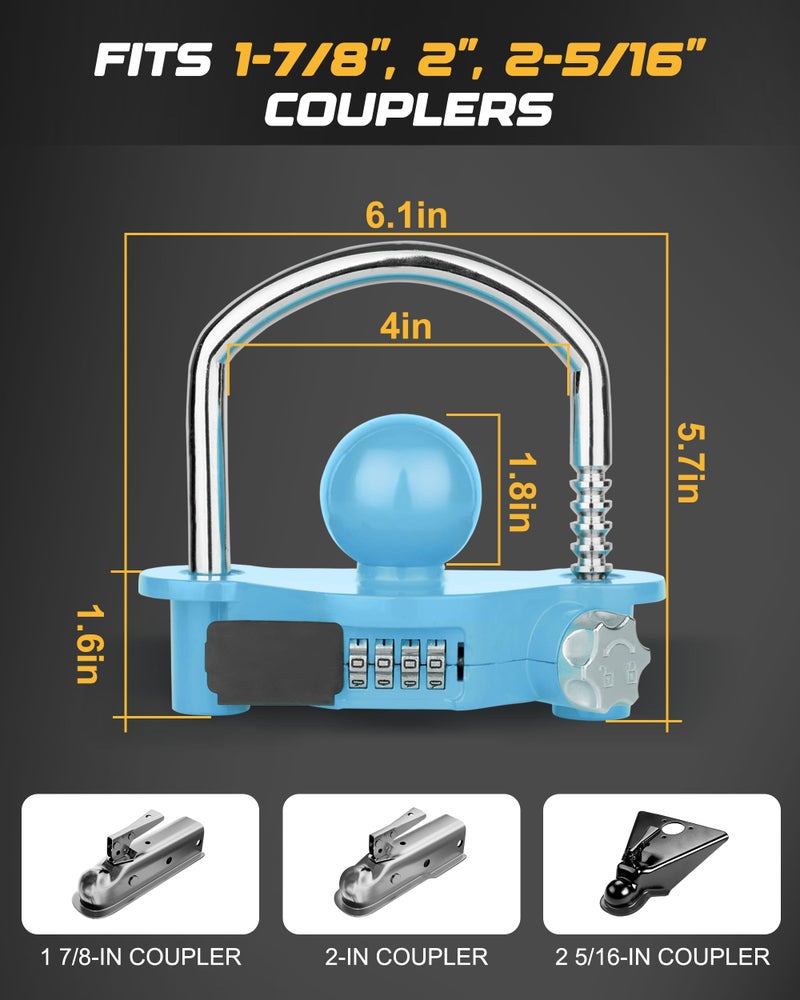 RETRUE Universal Coupler Lock Trailer Locks Ball Hitch Trailer Hitch Lock Adjustable Security Heavy-Duty Steel fits 1-7/8 Inch, 2 Inch, 2-5/16 Inch Couplers, Combination Lock,No Key Needed (Blue) - Image 2